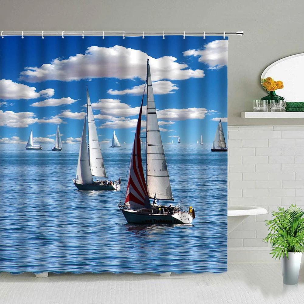 Sailboat Ocean Scenery Bathroom Shower Curtains Oil Painting Landscape Waterproof Bath Curtain Bathtub Decor Cloth Set With Hook