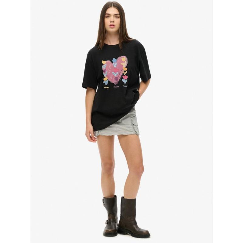 Oversize Women's Short-Sleeve T-Shirt with Pink Heart, Colorful Flowers and "Hpsom flower" Print
