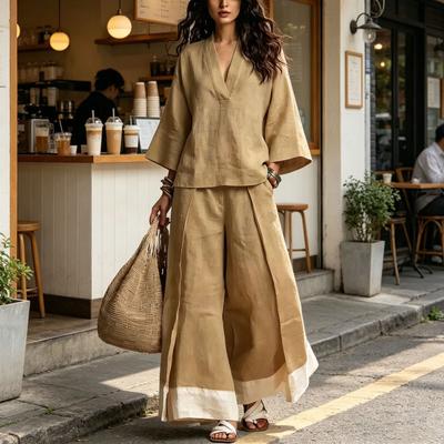 2 Piece Set for Women 3/4 Sleeve V Neck Top And Color Block Wide Leg Pants Matching Set Casual Vacation Summer Lounge Outfits