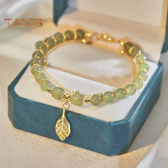 Women Bracelet Faux Jade Smooth Bead Leaf Pendant Double-layered Adjustable Length Rhinestone Lady Bangle Prom Daily Wrist Jewelry