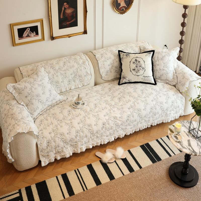 French Retro Cotton Sofa Cushion, Advanced Embroidery, All-Season Non-Slip Seat Cushion Cover, All-Inclusive Universal Cover Cloth Towel Cover