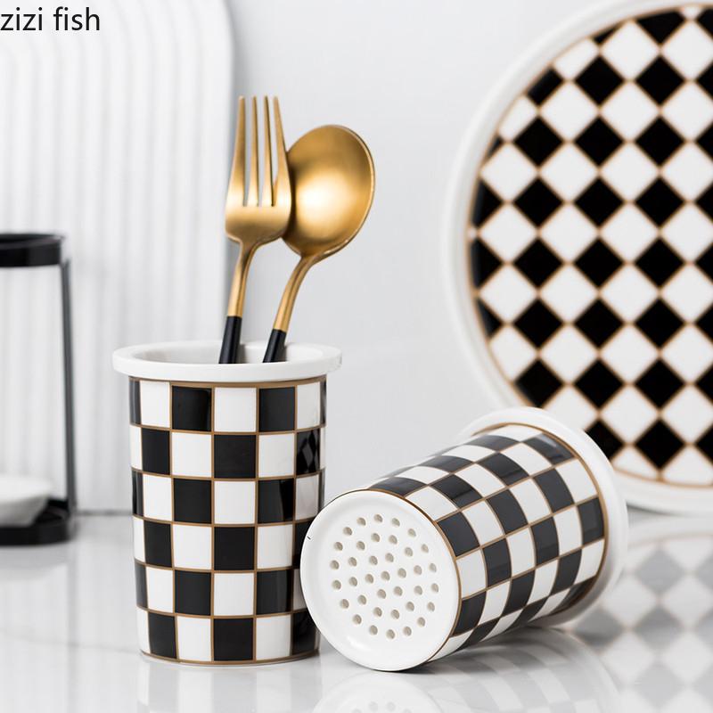 Checkerboard Ceramic Chopsticks Holder Drain Rack Chopsticks Basket Chopsticks Box Cutlery Box Storage Rack Wall-mounted Shelf