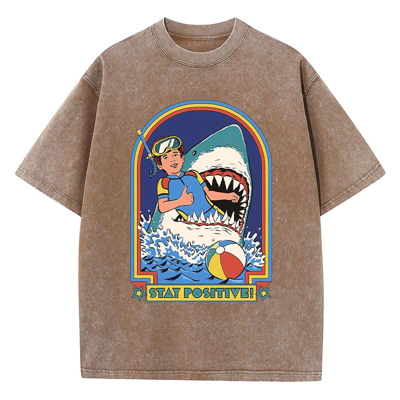 Stay Positive Cartoon Print Women Wash Tshirt Breathable Comfortable Short Sleeve T-Shirt Distress O-Neck Clothes