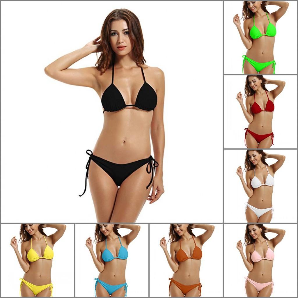 Women's Halter Sleeveless Triangle Bikini Set Solid Color Loose Fit Beach Swimwear Sexy Two Piece Bathing Suit