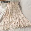Medium To Long Chiffon Midi Skirt for Women In Summer High Waist A-line Floral Irregular Ruffle Edge Skirt