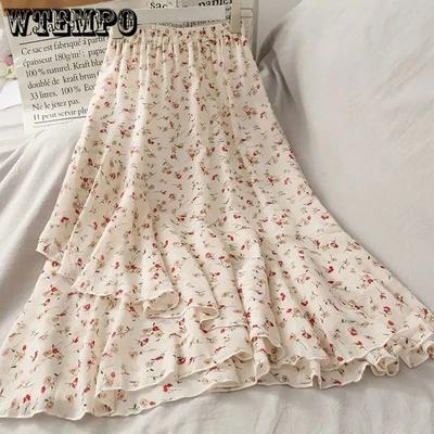 Jupe Midi en Mousseline Moyenne à Longue pour Femmes en Été Taille Haute A-line Florale Bord Volanté Irrégulier