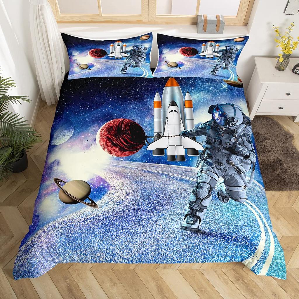 Cartoon Astronaut Duvet Cover Set Moon Clouds Starry Sky Quilt Cover Microfiber Galaxy Bedding Set Twin King For Boys Girls Gift