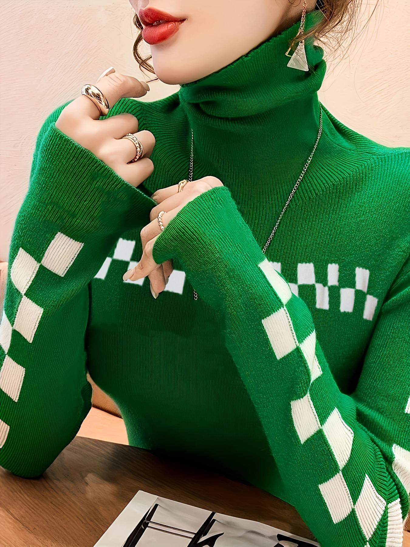 

Вязаный свитер с воротником в клетку, повседневный пуловер с длинными рукавами, женская одежда 4XL зелёный