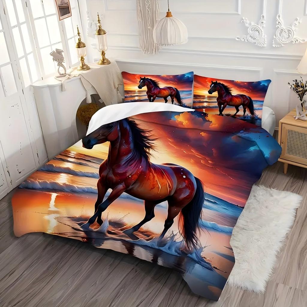 Seaside Horse 3D Printed Duvet Cover Set Elegance Soft Comfortable Luxury Bedding Set Wildlife Theme Quilt Cover Set Pillowcases