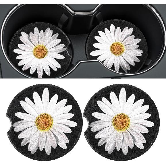 4Pcs Daisy Car Coasters for Cup Holders, Universal Non-Slip Absorbent Cup Holders, Cute Ceramic Drink Cup Car Holder Coasters, Car Interior
