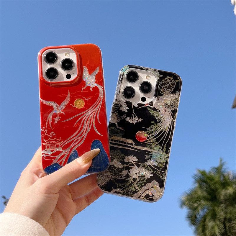 Husă de Telefon cu Sclipici Strălucitor Stil Chinezesc Peisaj Macarale Pentru iPhone 13 14 15 16 Pro Max Husă Moale