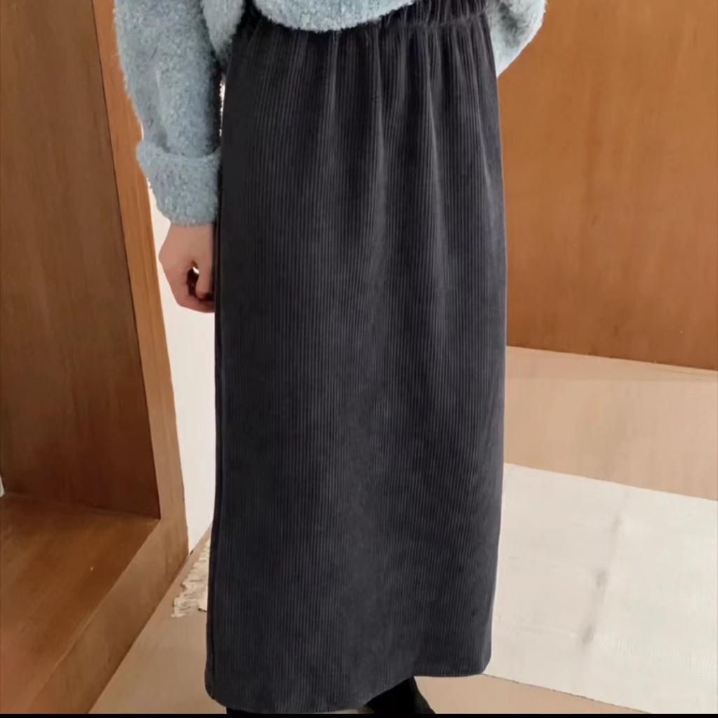 Winter High Waisted Hip Hugging Skirt, Corduroy Split Mid Length Skirt For Women