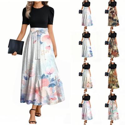 Women's Elegant Fashion Floral Print Belted Short Sleeve Round Neck Splicing Casual Dress