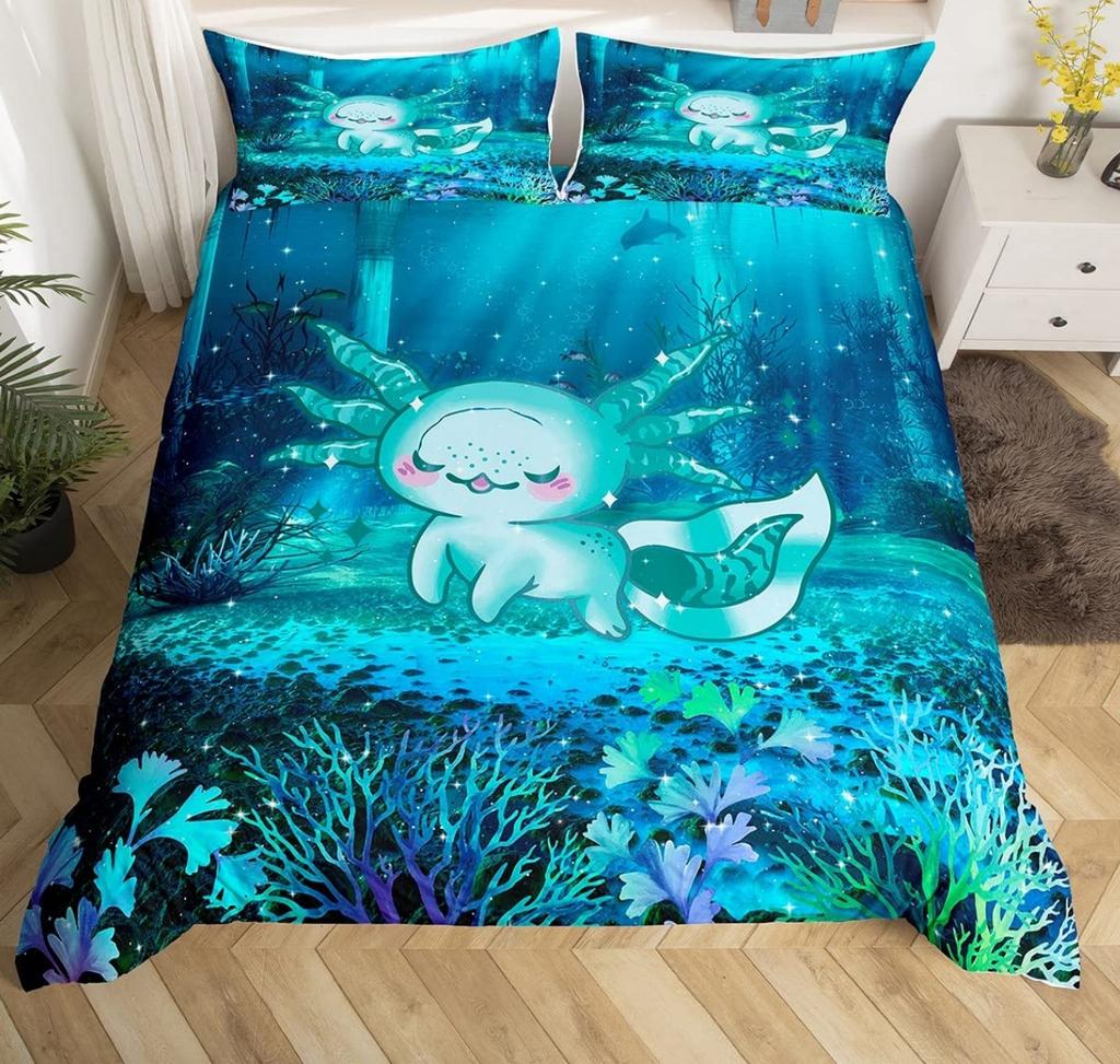 Cartoon Pink Axolotl Floral Duvet Cover King Size 3D Cute Salamander Bedding Set Suitable For Boys Girls Room Decoration 3 Pcs