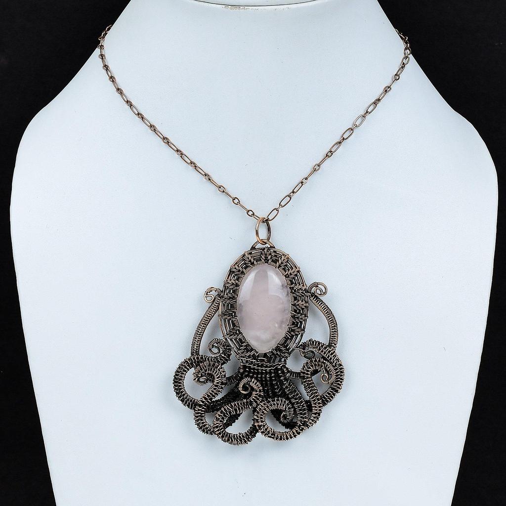 Rose Quartz Pendant Copper Wire Wrapped Pendant Octopus Pendant Real Gemstone Pendant Handmade Copper Jewelry Gift For Him Wire Wrap Jewelry