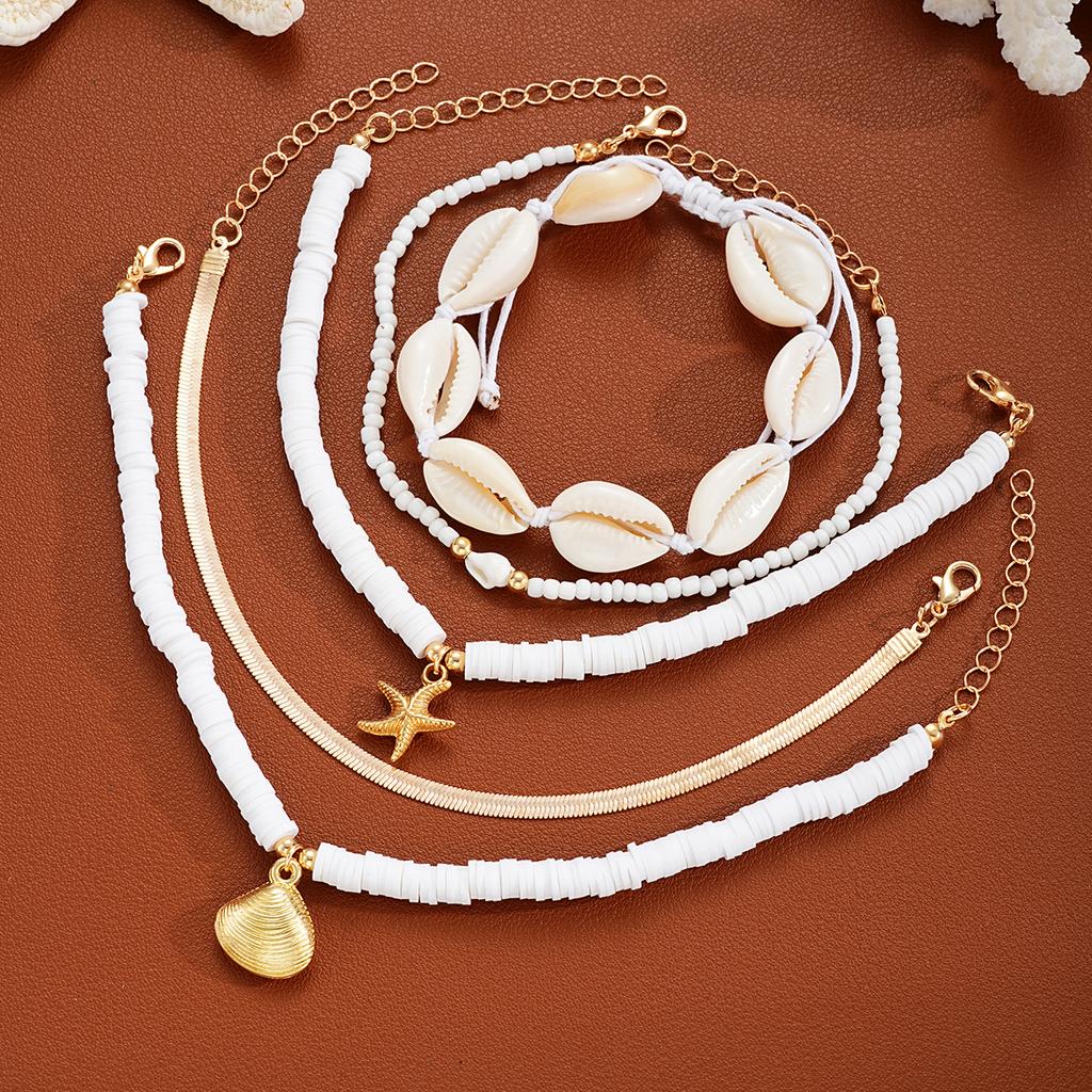 5PCS Boho Rice Beads Starfish Shell Pendant Anklets for Women Fashion Polymer Clay Foot Chains New Female Summer Beach Jewelry