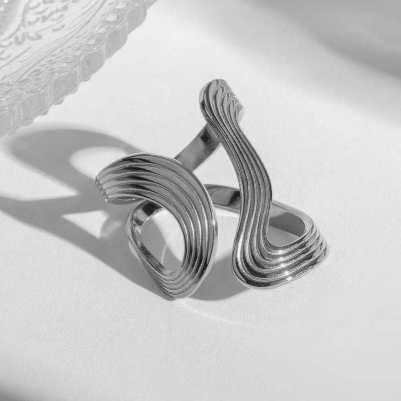 Stainless Steel Double Layered S-Shaped Open Rings Stylish Creative Minimalist Metal Statement Waterproof Jewelry for Women