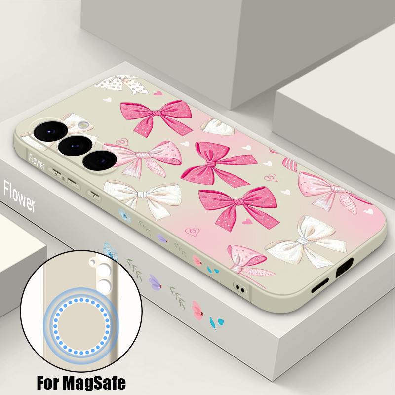 

Bowknots Pattern Case For Samsung Galaxy S26 S25 Ultra S24 S23 FE S22 Plus S21 Built-in Metal Plate Magnetic Silicone Cover Samsung S24 белый