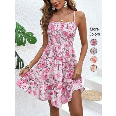 Women's Floral Print Shirred Spaghetti Strap Dress Spring Summer Boho Ruffle Sundress Casual Beach Maxi Dress