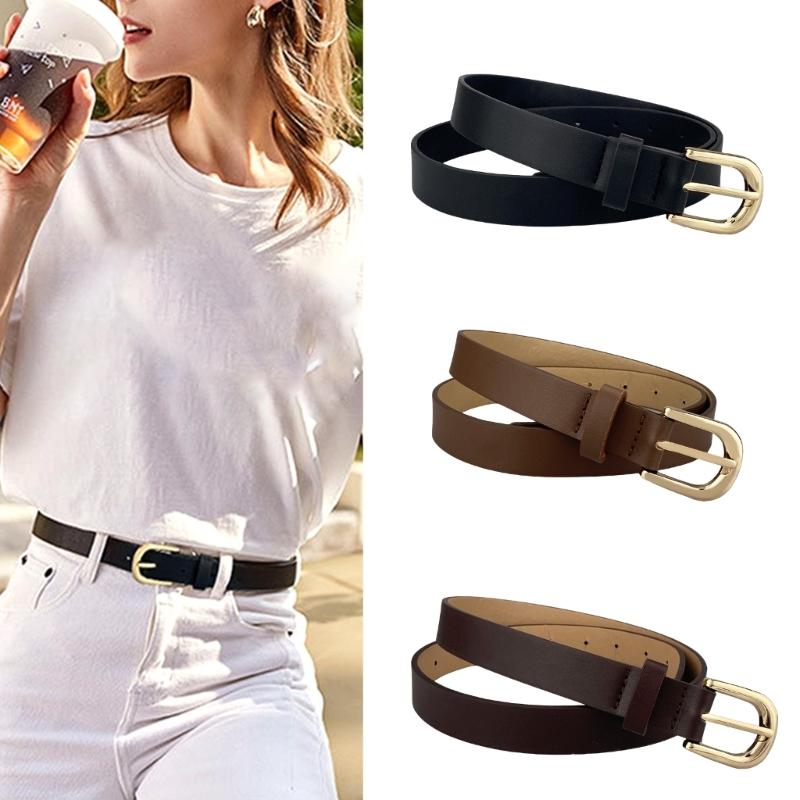 Simple Deisgn Women Thin PU Leather Belt Fashionable Skinny Waist Accessory for Jeans and Dresses with Gold Pin Buckle