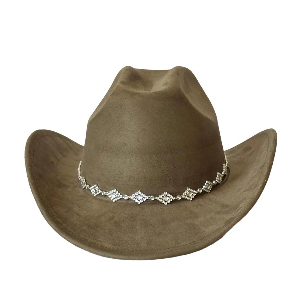 Rhombus Rhinestone Suede Cowboy Hat - Upturned Brim, Fluffy Design, Perfect for Parties or Gifts