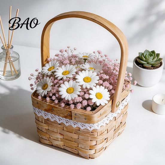 Hand-woven Flower Basket Basket, with Lace Decor, Hand-Woven Wicker Rattan Rustic Wood Portable Floral Gift Handmade