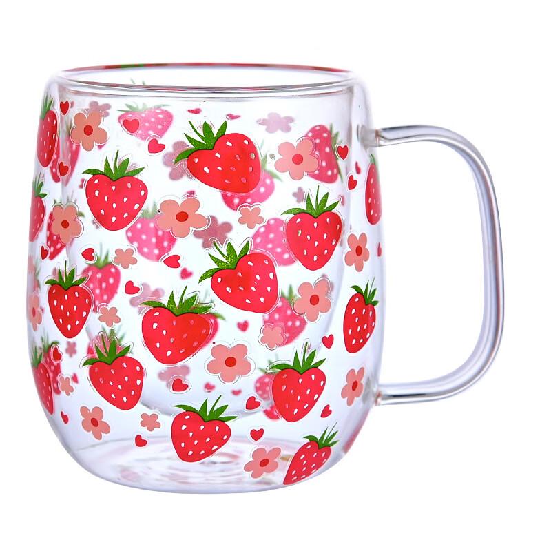 Shangqi Pink Strawberry Double Wall Glass Coffee Cup, 350ml (2-Pack)