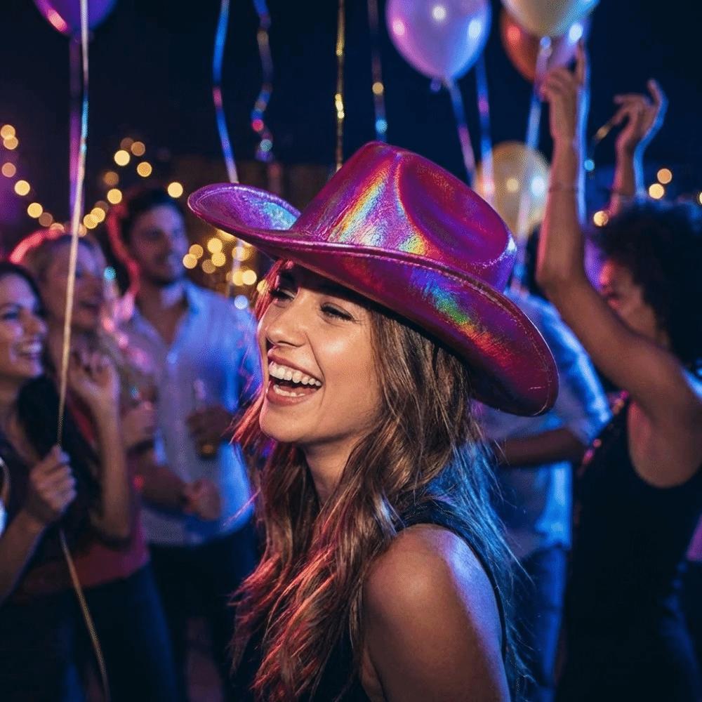 Glamouröser Neon-Westernhut Perlmuttglanz Western-Cowboyhut Cowgirl-Partyhut Western-Thema