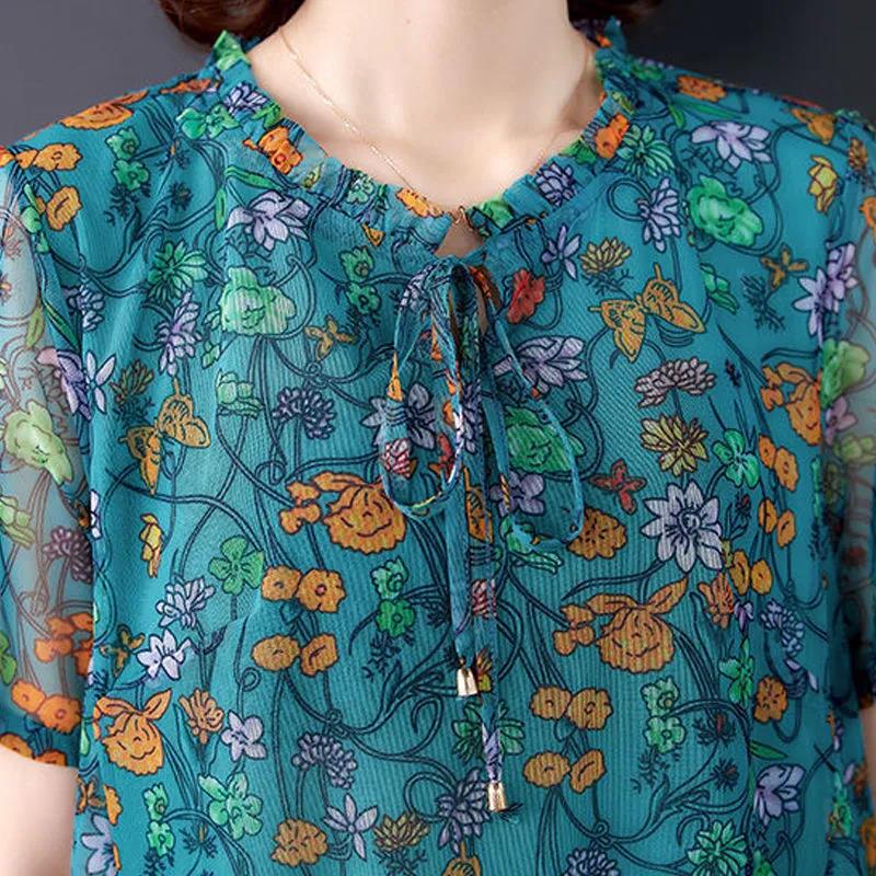 Vestido de manga corta suelto y fino de talla grande, largo medio, de malla floral pequeña de verano