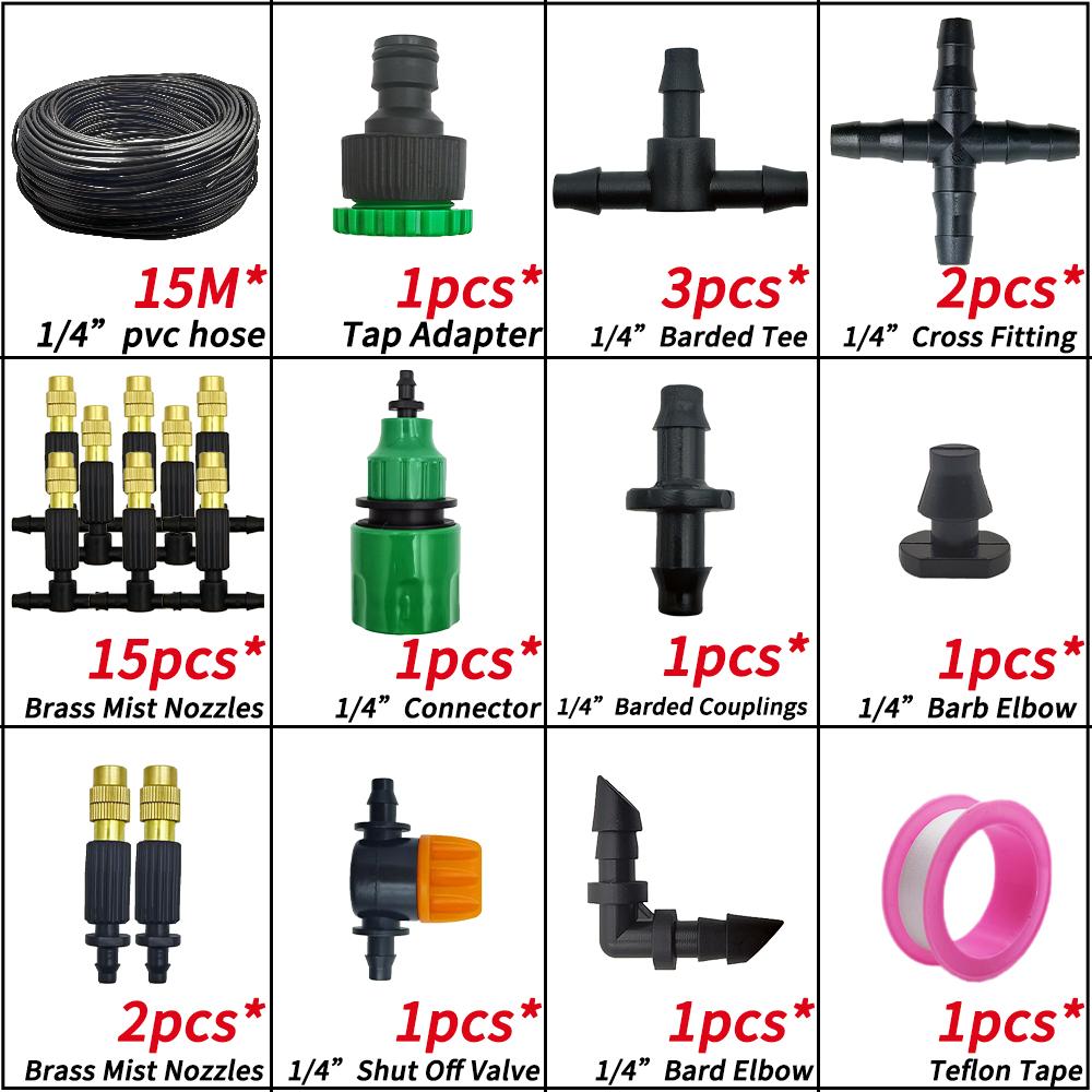 Oasis 5M-30M Garden Irrigation Outdoor Misting Cooling System Watering 1/4'' Brass Atomizer Nozzles 4/7mm Hose Patio Greenhouse