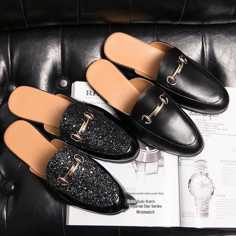 2023 Men's British Style Slip-On Sandals, Half-Open Toe, Closed-Toe, No-Back, Small Leather Shoes