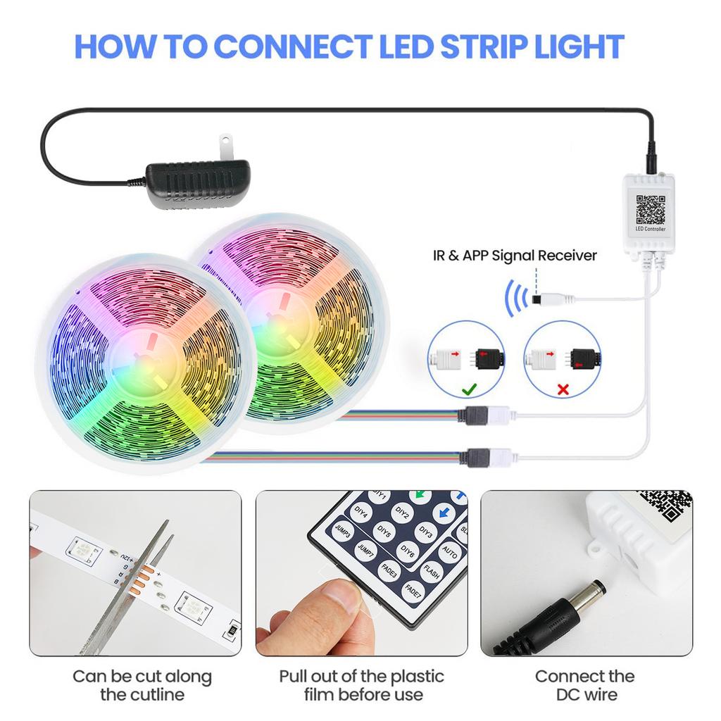 RGB LED Strip Lights 600LEDs 5050RGB Light Strip IP65 Waterproof LED Tape Light APP Control Adjustable Brightness Timing Function