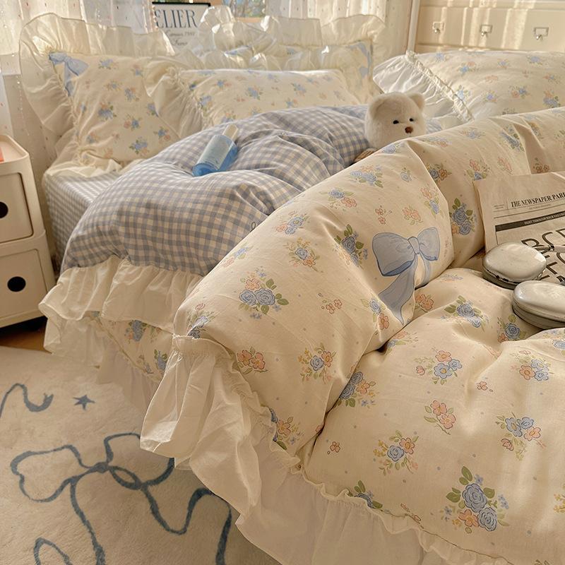 French Lace Bed Four-piece Set Pure Cotton Skin-friendly Comfortable Breathable Washed Bed Sheet Quilt Cover Pillowcase