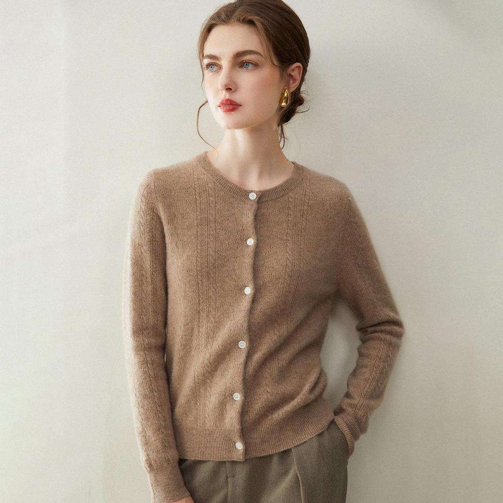 Women's Pure Cashmere Round Neck Cardigan - Autumn/Winter, Twelve-Gauge, Solid Color, Single-Breasted Sweater