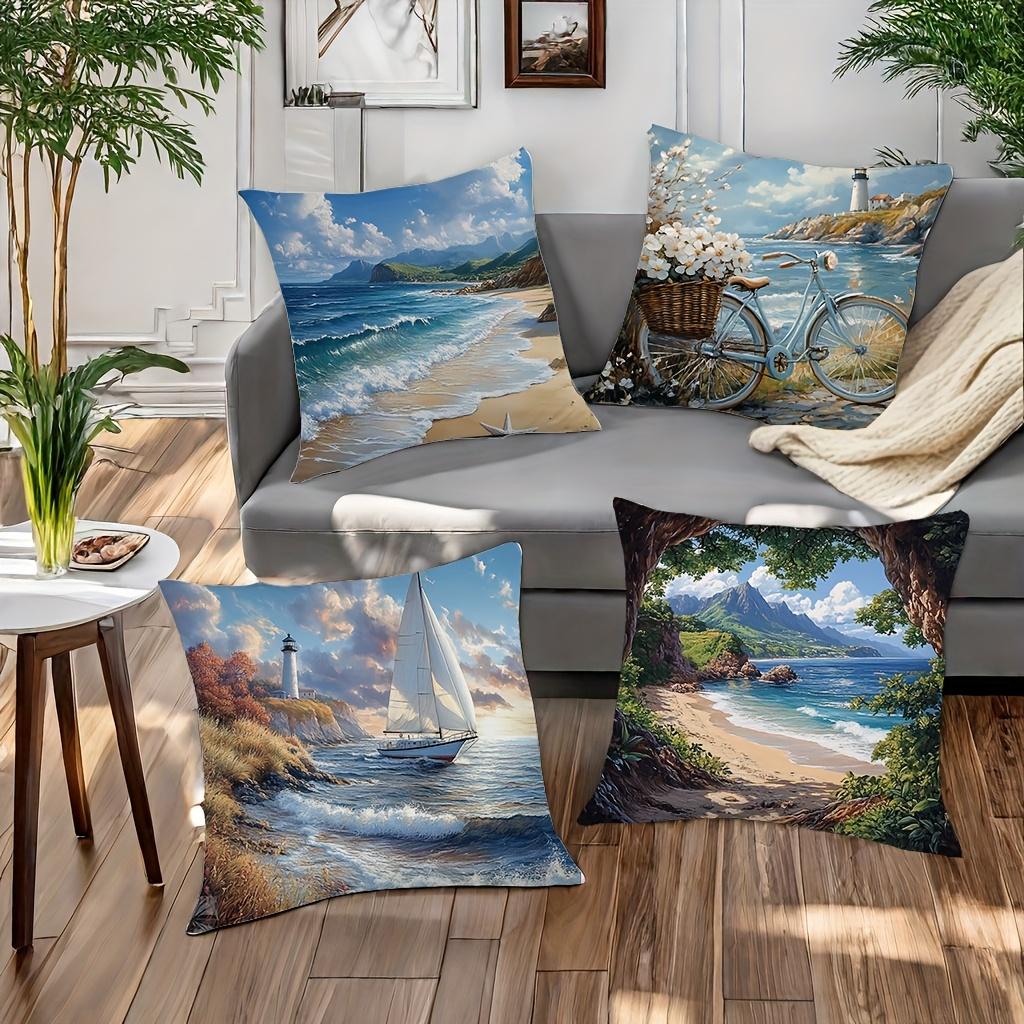 4-teiliges modernes Kissenbezug-Set mit Drucken von Strand, Welle, Segelboot, Leuchtturm, Fahrrad und Blumenkorb für die Wohnzimmerdekoration