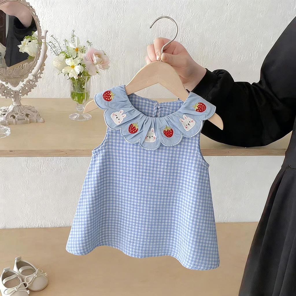 Summer Girls Strawberry Plaid Dress Mori Sweet Princess Baby Fresh Cute Cotton Sundress For Toddler Kids