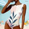 Women Plus Size High Round Neck Sleeveless Navy Blue Geometric Printed One Piece Swimsuit