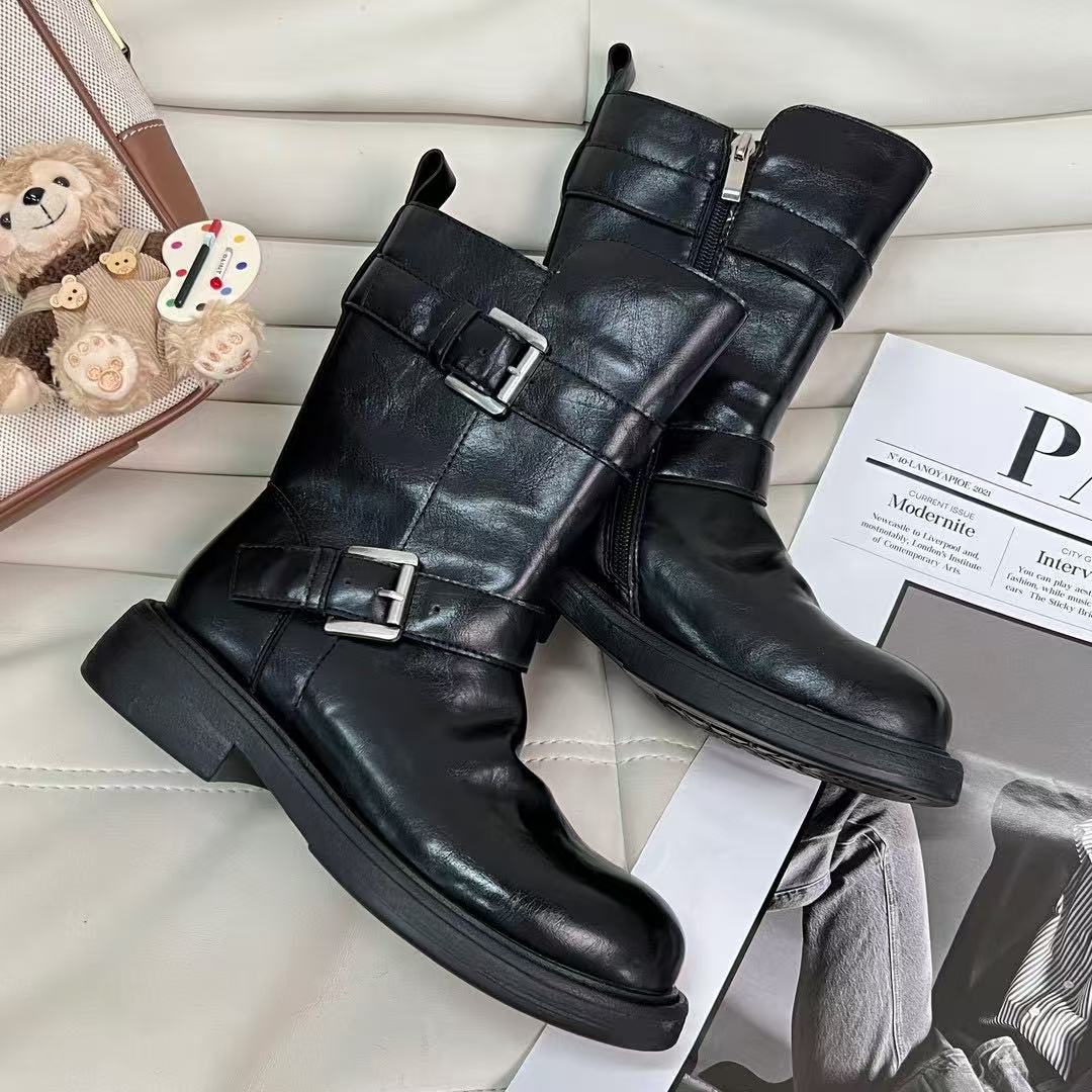 

Heel height 4.5 cm boots women s 2025 popular fashion full leather pleated medium tube Martin soft-soled small short boots 40