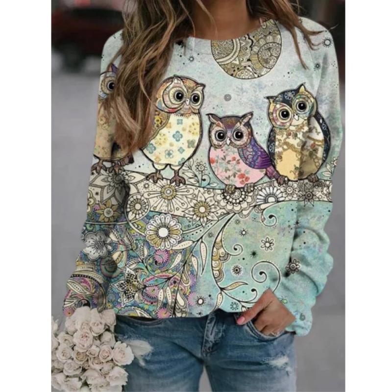 2023 Autumn and Winter New Cute Pet Women's Top Quirky Cow Printed Round Neck T-shirt Harajuku Casual Loose Long Sleeve Pullover