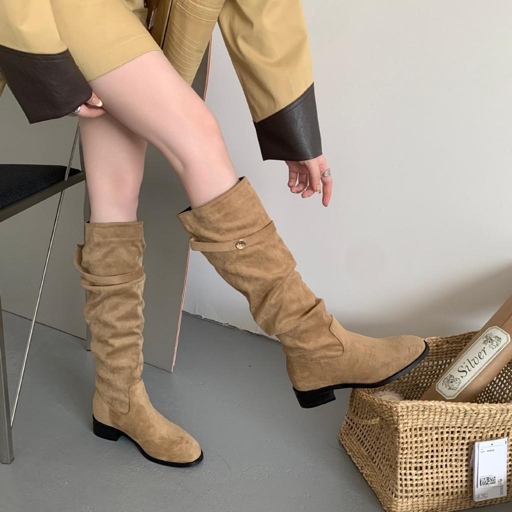 2025 Autumn and Winter New Round Head Thick Heel Soft Sole Thin Boots But Knee Knight Women's Boots