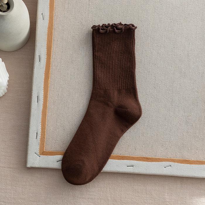 Women's Mid-Calf Ruffle Lace Socks, Coffee Color, Japanese/Korean Style, Cute Solid Color, Versatile and Girly for Spring/Fall.