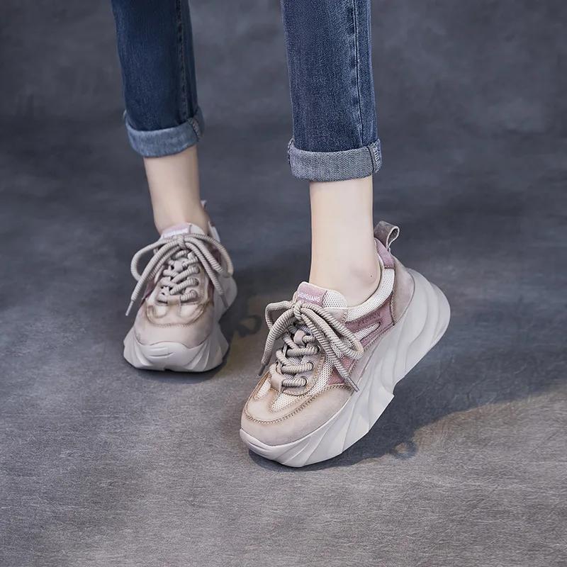 Fashion 5.5CM Women Mixed Colors Genuine Leather Spring Casual Sneakers Lace-Up Air Mesh Thick Sole Wedges College Style Platform Shoes