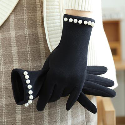 Women Winter Touchscreen Gloves Plush Lined Gloves with Faux Pearls Warm Windproof Gloves