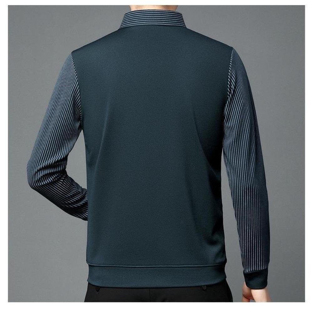 Men's Casual Long Sleeve Polo Shirt Polyester & Spandex Blend, Lapel Collar, Striped Knit Fabric with Slight Stretch, Button Detail, Spring/Fall Wear