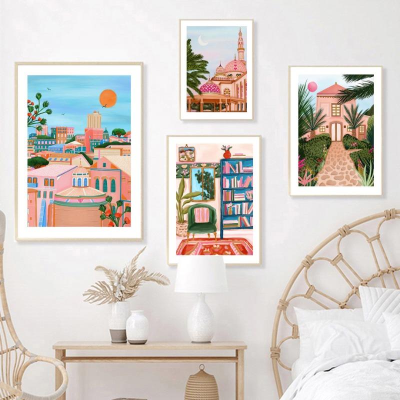 Colorful City Building Lemon Fruit Abstract Landscape Posters and Prints Wall Art Canvas Painting Pictures For Living Room Decor