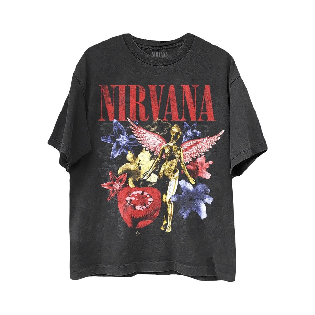 Nirvana In Utero Angel Graphic Print Grunge Rock Band Vintage Style Short Sleeve Streetwear T-Shirt