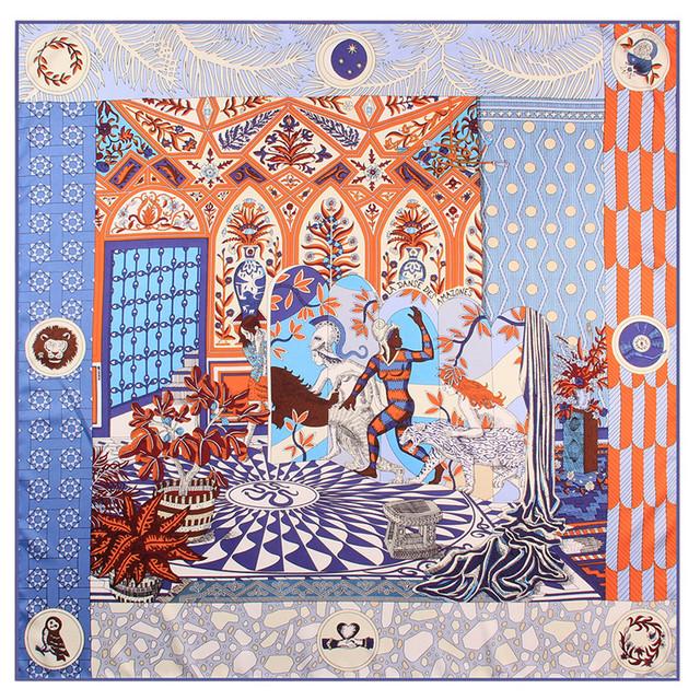 Manual Hand 90cm Rolled Twill Silk Scarf Women Palace Print Square Scarves Wraps Echarpe Curled Foulards Femme Bandana Hijabs