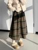 Korean Retro Plaid Woolen A-line Skirt for Women - High Waist Winter Long Skirt