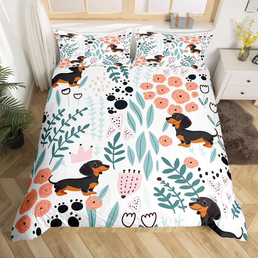 Dachshund Duvet Cover Set Cartoon Puppy Ultra Soft Breathable Comforter Cover With Zipper Adults And Kids Dog Queen King Bedding