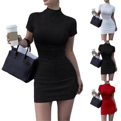 Slim Fit Short Dress High Collar Solid Color Short Sleeves Versatile Fashion Temperament